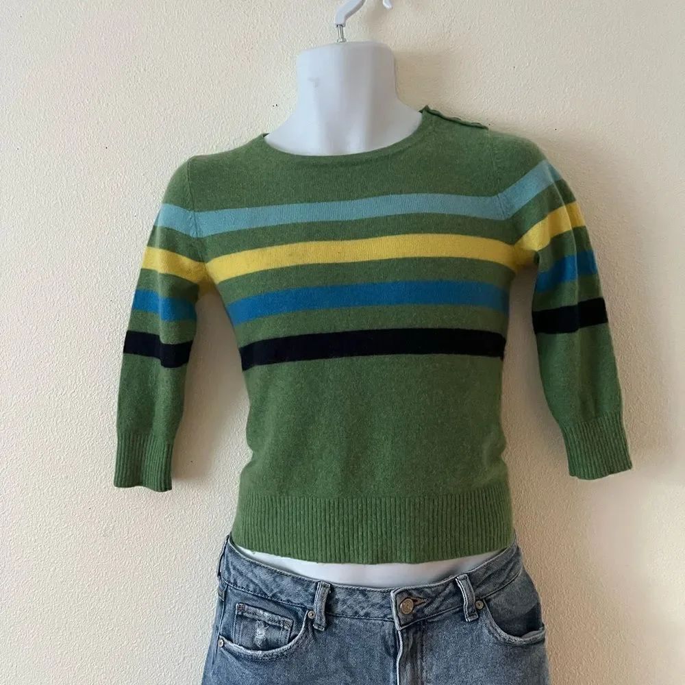 L.L. Bean Women's Pullover Cashmere Sweater XS Green Stripe Accent Blue Yellow